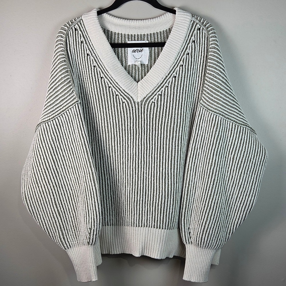 Aerie Ribbed V-Neck Sweater Womens Large Green Cream Good Oversized Boho